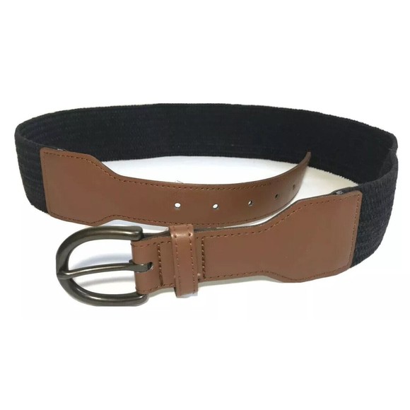Old Navy Womens Wide Stretch Waist Belt Black Faux Leather Tan Medium Large M L - Picture 1 of 12